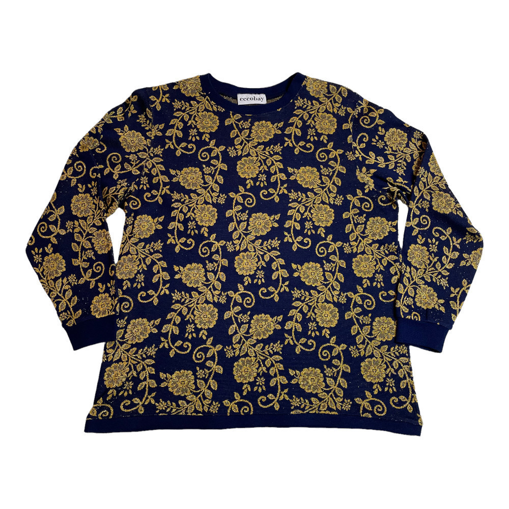🍀ECCO bay vintage navy gold metallic floral sweater women’s size XL - READ